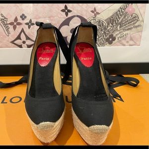 Christian Louboutin platform wedge heel peep toe espadrilles in Black.